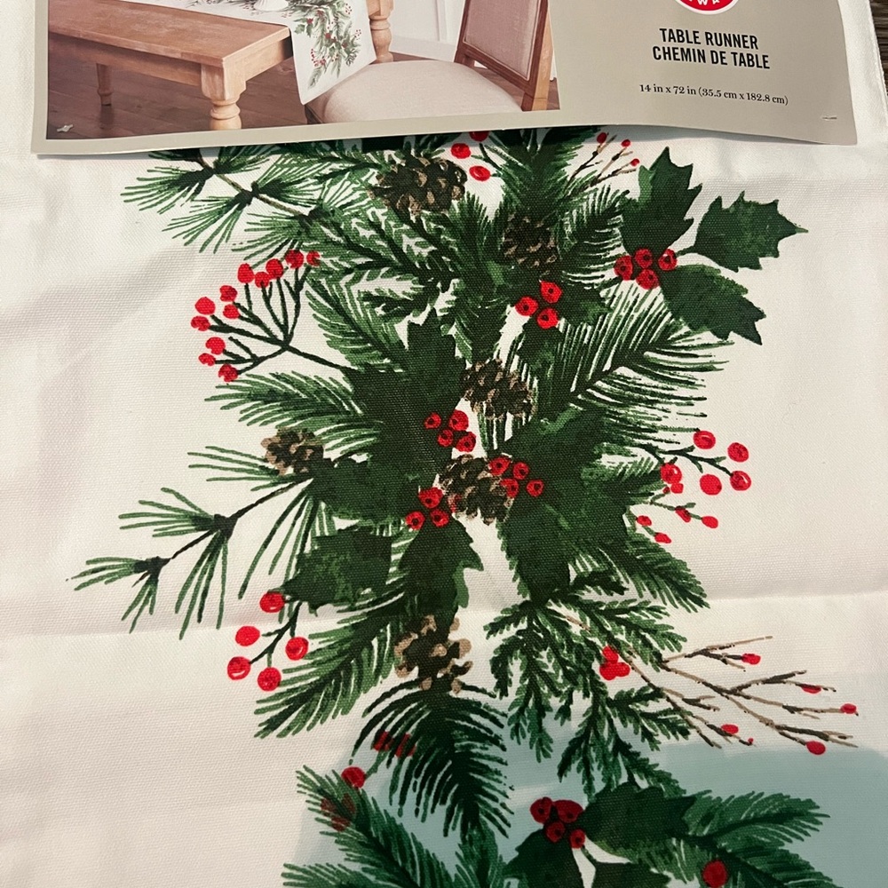 Festive Pine & Berry Table Runner in White